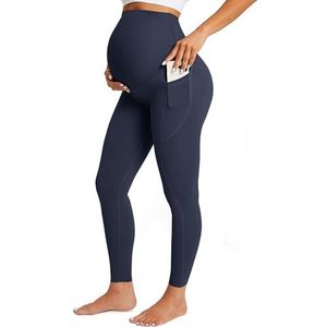 BAYDI Nudi Zwangerschapslegging voor dames, met zakken, ondoorzichtig, lange zwangerschapsleggings, hoge taille, zwangerschapsbroek, zacht, elastisch, zwangerschapsbroek, Echte marine, S