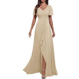 KURFACE Flutter mouw V-hals chiffon bruidsmeisjes jurken met mouwen split lange formele avondjurk voor vrouwen, Champagne, 32