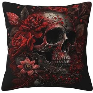 Set van 2 kussenslopen rode schedel en bloem kunst donkere stoel kussenslopen bedrukt vierkante kussensloop voor binnen, bed, bank, 45 x 45 cm