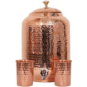Handicraft-World Indiase handgemaakte handgehamerde puur koperen waterdispenser pot 4 liter Ayurveda Healing Water Opslagtank koperen fles mok kan met 2 gehamerde glazen (5 liter)