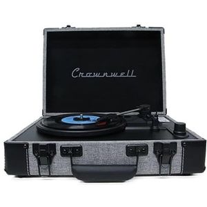 Crownwell C1307 Vinylspeler, retro platenspeler met houten koffer, platenspeler, ingebouwde luidspreker, stoffen hoes, batterijopname, met Bluetooth en luidsprekeringang, 3