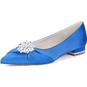 KYEGLO Satijnen Bruidsmeisjesschoenen Met Spitse Neus Voor Dames - Gesloten Platte Schoenen Met Strass Voor Feestjes, Bruiloften En Cadeaus Voor Dames,Blauw,36 EU