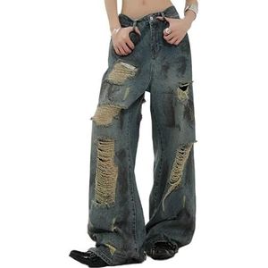 OHERUWKLS Dames Zomer Amerikaanse Retro Losse Casual Hoge Taille Y2k Streetwear Gescheurde Jeans,Blauw,3XL