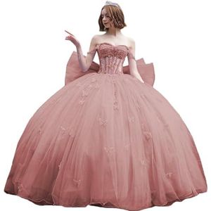 Fuomomo Quinceanera-jurk met dunne bandjes en vlinderglitter, Quinceanera-jurk met vlinders en grote strik, baljurk van kant met parels MT053, Stoffig, roze, 42