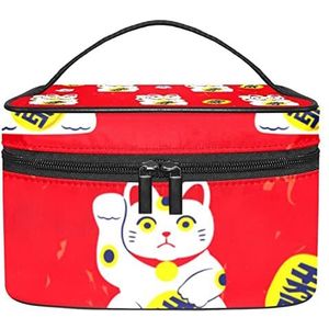 Make-up Organizer Bag, Reizen Make-up Tas Organizer Case Draagbare Cosmetische Tas voor Vrouwen en Meisjes Toiletartikelen Leuke Japan Cartoon Lucky Neko Katten Rode Achtergrond, Meerkleurig, 22.5x15x13.8cm/8.9x5.9x5.4in
