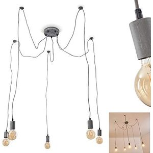 Hanglamp Tenna, moderne hanglamp van metaal in grijs, 5 vlammen met textielkabels, 5 x E27 fitting, max. hoogte 200 cm (verstelbaar), retro/vintage design, zonder gloeilampen