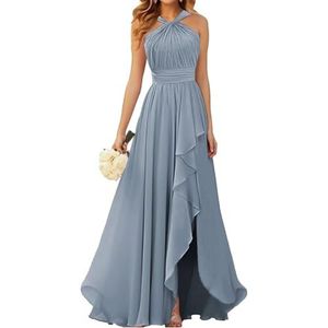 Halter Prinses Bruidsmeisjes Jurken Geplooide Galajurken Ruche Chiffon Split Formele Avond Party Gown ZM212, Dusty Blauw, 32