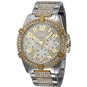 GUESS 48MM Crystal verfraaid horloge, Zilver-toon/Goudkleurig, NS, GUESS Heren roestvrij staal kristal geaccentueerd armband horloge