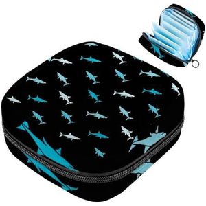 MUOOUM Blauw Haai Patroon Maandverband Opbergtas Menstruatie Pad Tas Draagbare Menstruatie Cup Pouch met Rits voor Tiener Meisjes Vrouwen Dames