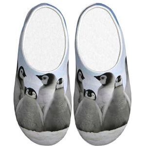 EdWal Jonge pinguïns met sneeuwprint winter warme pantoffels indoor anti-slip pluche pantoffels ontspannen thuis voor vrouwen mannen, Zwart, 37.5 EU