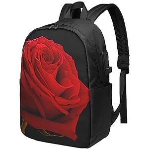OUSIKA Rode Rose Zwarte Achtergrond Laptop Rugzak Met Usb Opladen Poort Waterbestendig Casual Daypacks Reistas Voor Mannen Vrouwen, Zwart, One Size, Reizen Rugzakken