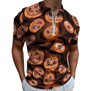Halloween pompoen en vleermuis poloshirt voor mannen casual rits kraag T-shirts golf tops slim fit