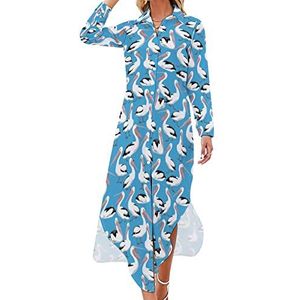 Pelicans Maxi-jurk voor dames, lange mouwen, knoopsluiting, vrije tijd, party, lange jurk, 4XL