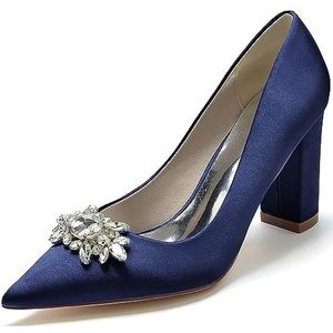 EICOFF Dames Chunky Blokhak Bruids Trouwschoenen Gesloten Puntige Teen Strass Slip-op Hoge Hakken Werk Pumps Jurk Bruiloft Schoenen,Dark blue,35 EU