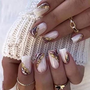JUSTUSNX 24 stuks vierkante witte paarse halo nepnagels goudfolie kunstnagels korte Franse Press-on nagels voor vrouwen en meisjes