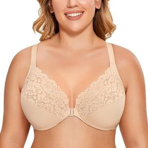 DELIMIRA Vrouwen Plus Size Volledige Dekking Kanten Beugel Racerback BH met Voorsluiting Beige 100E