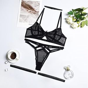 Lingerie Patchwork Bh Set Metalen Dames Ondergoed 4 Stuks Hollow Out Vrouwen Kits Mesh Slipje