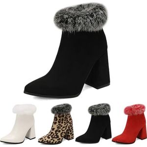 Enkellaarsjes Met Spitse Neus En Blokhak Chelsea Enkellaarsjes for Dames Herfst Winter Korte Suède Laarzen Met Pluche Gevoerde Laarsjes Elegante Enkelschoenen Warme Snowboots(Black,39 EU)