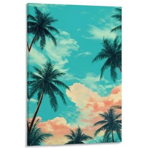 GMUKIFFY Vintage palmboomschilderij op canvas muurkunst rustieke boom planten wolken natuur uitgerekt en ingelijst canvas prints kunstwerken voor woondecoraties, klaar om op te hangen, muurdecoratie