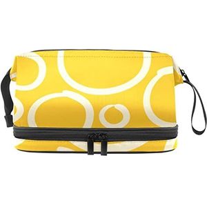 Grote capaciteit reizen cosmetische tas,witte cirkel gele achtergrond, make-up tas,Waterdichte make-up tas organisator, Meerkleurig, 27x15x14 cm/10.6x5.9x5.5 in