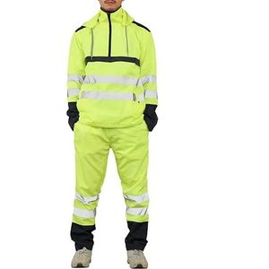 Heren Hoge Zichtbaarheid Reflecterende Waterdichte 3/4 Rits Hoody Zakken Regenpak Set, Geel, XL