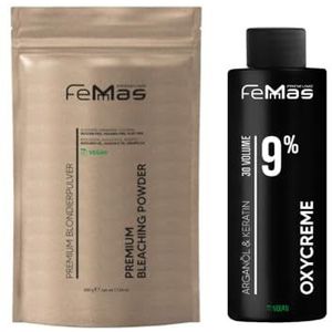 FemMas Blondeerset: premium blondeerpoeder 100 g & oxycrème 100 ml | perfecte starterset voor blond haar | voor tot 9 niveaus lichter haar in salonkwaliteit (blond, 9%)