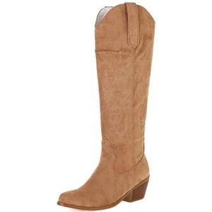 Lmtossey Vrouwen Microfiber Lederen Western Cowboy Laarzen Knie Hoge Puntneus Naaien Schoenen Herfst En Winter Vrouwen Laarzen, A3, 43 EU