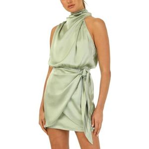 Lewey Modieuze satijnen jurk met halternek en riem | Stijlvolle en elegante mini-jurk, Lichtgroen, M