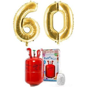 PARTY FACTORY Helium Set ""60"" met XXL nummer ballonnen, ballongas en ballonkoord - voor verjaardag, jubileum, verjaardag; goud, zilver, zwart, roze, roségoud, kleurrijk (goud)