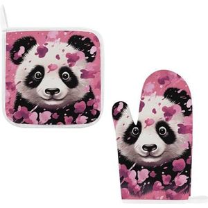 Roze panda katoenen ovenwanten en pannenlappen, geïsoleerde handschoenen, hete pads, hittebestendige ovenhandschoenen, pannenlap voor keuken, koken, bakken, grillen (2-delige set)