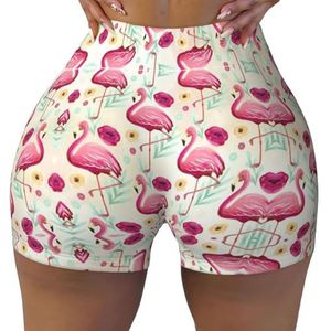 ELRoal Dames sport elastische shorts flamingo print vrouwen workout shorts ademend en sneldrogend yoga shorts, Zwart, XL-3XL Short