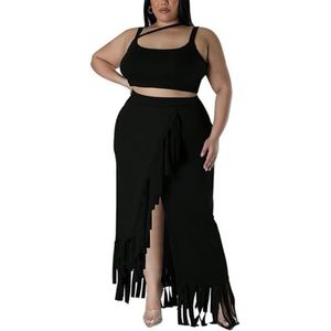 Dames Grote Maten 2-delige Outfits Sexy Asymmetrische Schouderbanden Crop Top En Hoge Split Kwastje Zoom Maxiroksets (Color : Black, Size : 5XL)