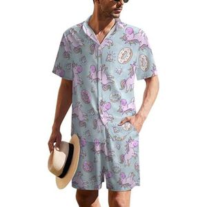 Roze Eenhoorns Donuts Regenboog Heren Hawaiiaanse Pak Set 2-delige Beach Outfit Korte Mouw Shirt En Shorts Bijpassende Set