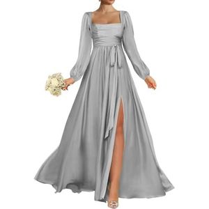 HPPEE Bruidsmeisjesjurken met lange mouwen, vierkante hals, satijn, galajurk met split, formele feestjurk, Zilver, 32