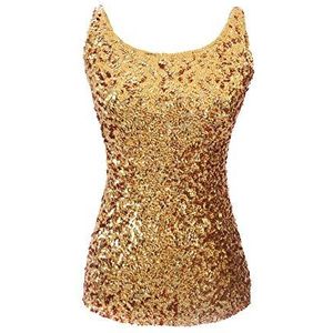 Vrouwen Shimmer Pailletten Versierd Glitter Mouwloos Tank Vest Tops, Goud, One size (Buste 100 cm)