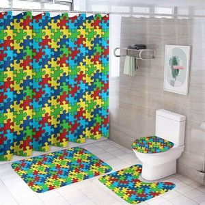 Autisme Bewustzijn Puzzel 4 Stks Badkamer Sets met Douchegordijn Toilet Deksel Cover En Tapijten