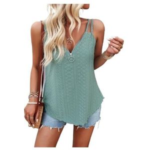 Vesten voor dames, zomertops voor dames, losse mouwloze polyester, basic rits, sexy vesttops, Groen, XL