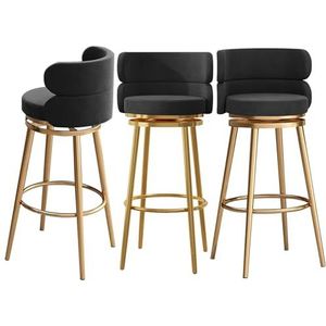 Moderne barstoelen keuken draaibare barkrukken set van 3, fluwelen barkrukken, met hoge rugleuning, voetenbank, ergonomische zware keuken barstoel keukeneiland, zwart gouden poten, 65 cm