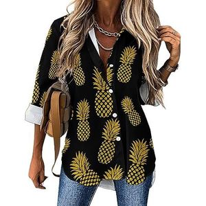 Geel Goud Ananas Vrouwen Casual Shirt Button Down Lange Mouw V-hals Blouses Tuniek voor Leggings