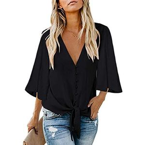 Dames zomer diepe V-hals bell mouw shirts button down front stropdas causale vloeiende crop tops vrouwen losse stropdas knoop shirt 3/4 mouw effen kleur button-up T-shirts mode afdrukken blouse tops