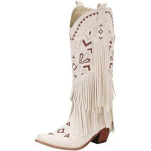 Lange Laarzen Met Franjes Dames Western Cowboylaarzen Retro PU Leren Rijlaarzen Met Borduurwerk Instapschoenen Met Vierkante Neus En Blokhak Herfst-winter Hoge Hakken(White,43 EU)