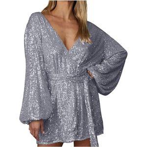 UPPJPBSW Dames Glitter Pailletten Mini Jurk - Sexy Diep V-Hals Lantaarnmouw Taille Met Ceintuur Avondfeest Cocktailjurk,Grijs,3XL