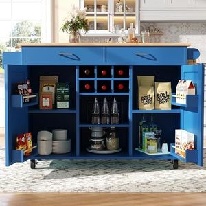 Crlnaup Modern keukeneiland (102 x 45 x 92 cm), keukenkast, buffetkast, eetwagen met houtnerf, buffetkast, multifunctionele eettafel met opbergruimte, blauw