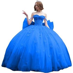 Fuomomo Quinceanera-jurk met dunne bandjes en vlinderglitter, Quinceanera-jurk met vlinders en grote strik, baljurk van kant met parels MT053, Oranje., 30 NL