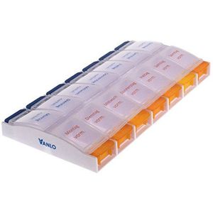 Vanlo Weekpillendoos met opener, 14 vakken, gelabeld met Mo-So en 's ochtends in de middag