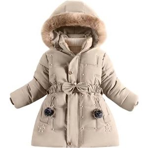 Lengender Donsjack voor meisjes, kinderen, parka, jas, capuchon, lange jas, kunstbont, warm, winter, B Khaki, 110 cm