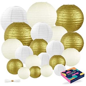 Fissaly® 20 Stuks Lampionnen Set Versiering Goud, Beige & Wit – Feest Decoratie – Bruiloft, Trouwen & Verjaardag - Papier