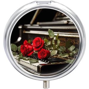 Pil Organizer Leuke Ronde, Rode Roos op Piano Gedrukt Grappige Pillendoos Grote 3 Compartiment Wekelijkse Maandelijkse Reizen Draagbare Pocket Portemonnee Pil Container