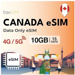 travSIM eSIM Canada | 10 GB mobiele data met 4G/5G hoge snelheid | 15 dagen geldig | Data SIM-kaart voor Canada | Canadese prepaid eSIM voor vakantiegangers en zakenreizigers