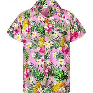 King Kameha Funky Hawaïhemd voor kinderen, jongens en meisjes, korte mouwen, borstzakje, Hawaii-print, uniseks, ananas, bladeren patroon, Kids Pineapple Flowers Lichtroze, 10 Jaar